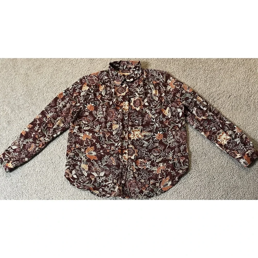 Anthropologie Philosophy Floral Button Blouse Sz M Burgundy Orange Career Boho - Picture 4 of 12